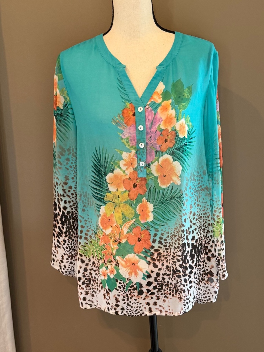 Solf Surroundings Tropical Teal Floral Cheetah Print Sheer Tunic Blouse, Size M